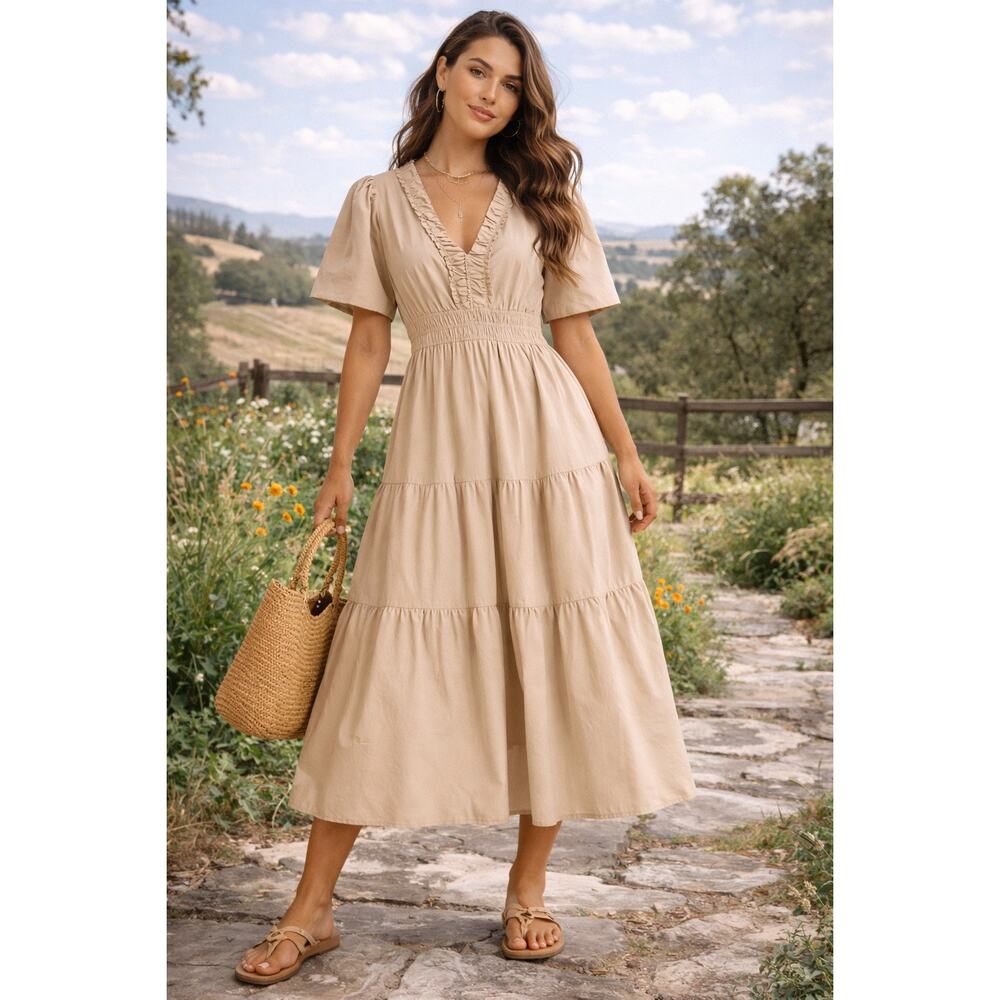 Kings Road Beige Tiered Maxi Dress XL Puff Sleeve Cottagecore Boho Smocked Waist